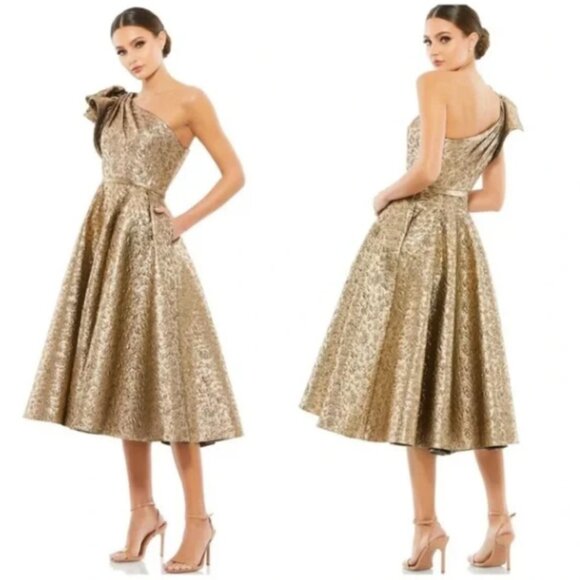 Mac Duggal Asymmetric Metallic Tea-Length Dress. - Picture 1 of 3